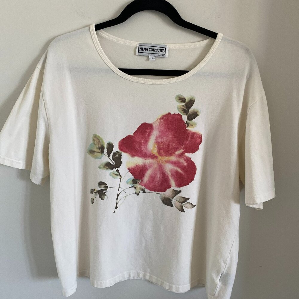 NINA COUTURE BOHO Women's White Flower Print Cropped  Crew Neck T Shirt Size 1X